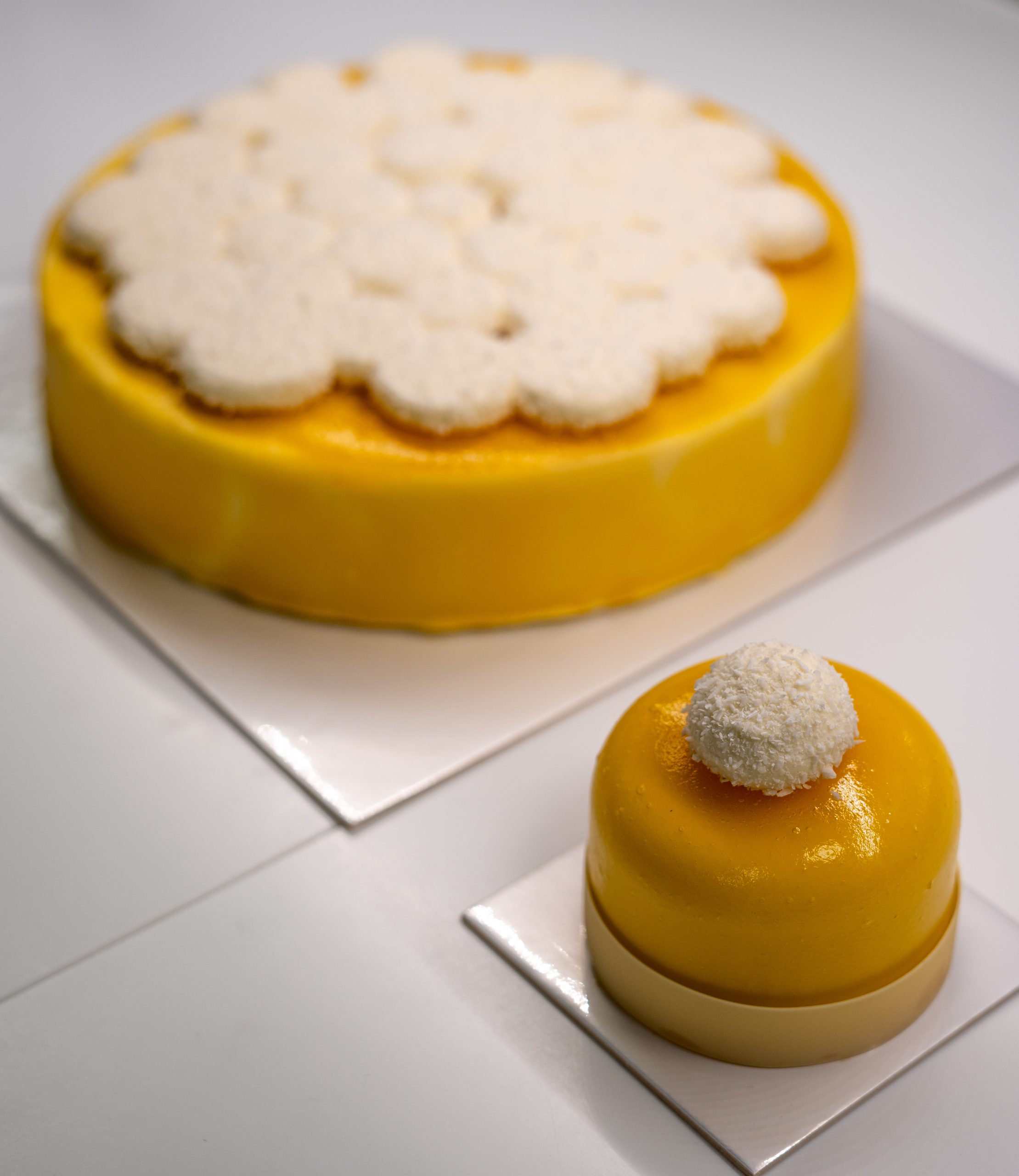 Coco Exotique individuel et à partager avec croustillant coco, biscuit coco, crémeux exotique, ganache coco et brunoise d’ananas