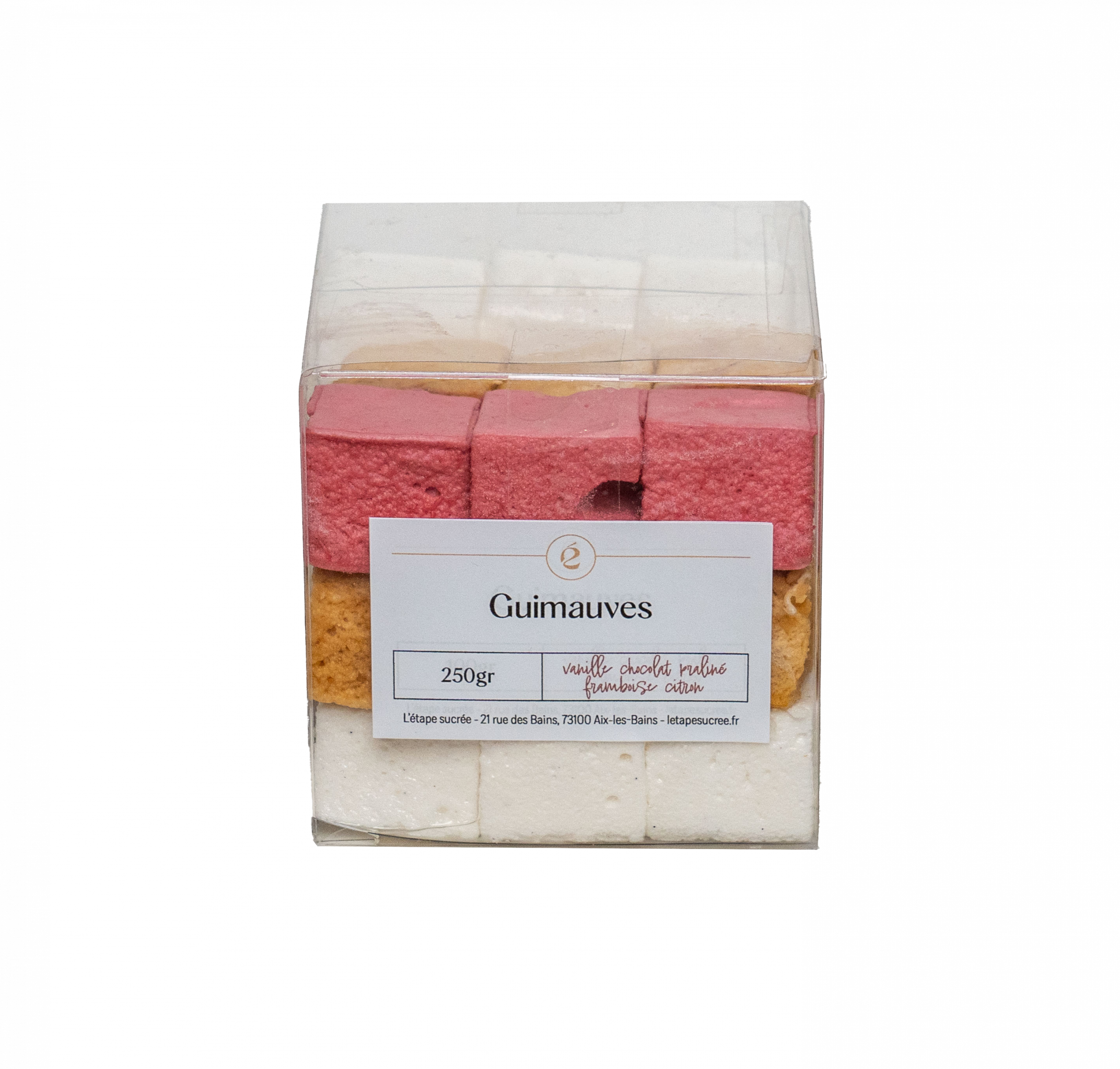 Boîte de guimauves aux parfums vanille, praliné, framboise, citron et chocolat