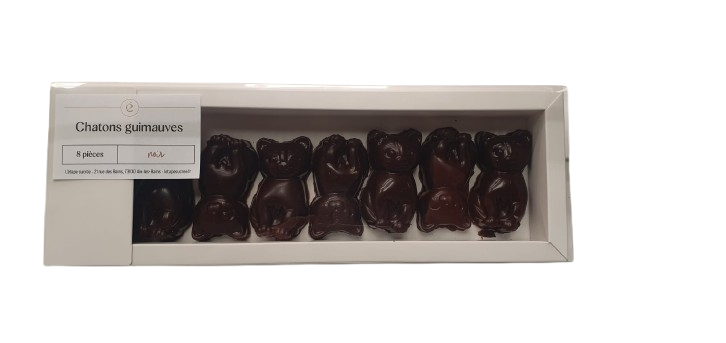Neuf chatons guimauve vanille enrobés de chocolat noir 62%